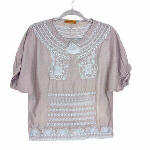 Roberta Freymann Blouse Women Small Gray Blue Embroidered Peasant Top Cotton Boh